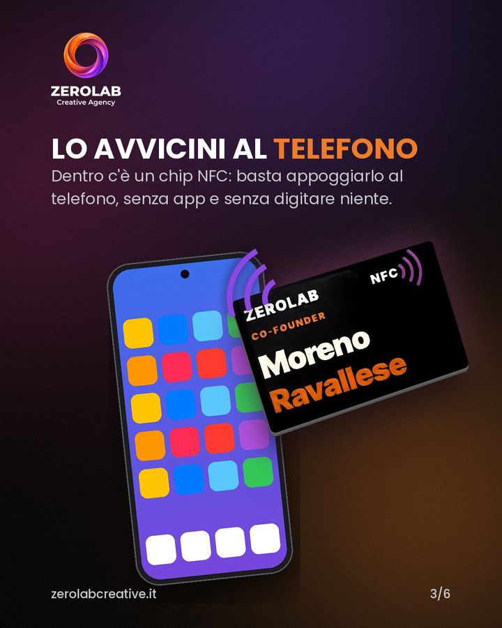 Il biglietto NFC appoggiato al telefono apre la pagina contatti